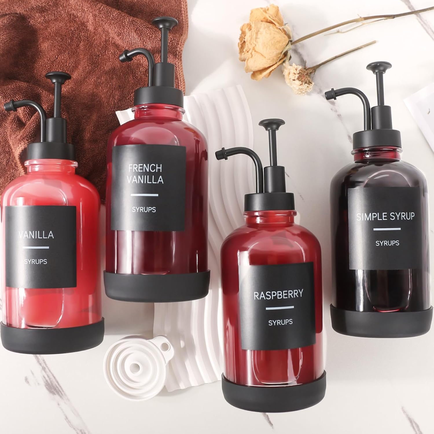 Set of 4 Coffee Syrup Dispenser for Coffee Bar, Set of 4 Non-Slip Glass Syrup Dispenser w. Labels and Silicone Sheath, 16.9 oz 500ml Syrup Pump Dispenser, Coffee Bar Accessories Simple Syrup Bottle w. Pump